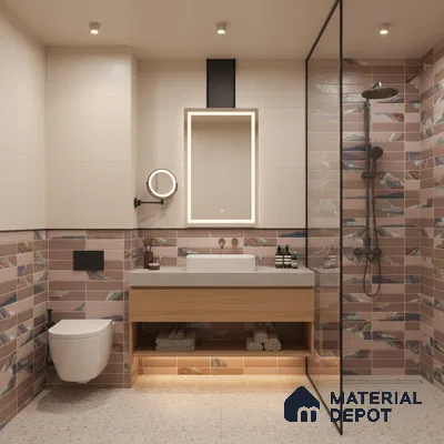 Modern bathroom with blush pink patterned subway wall tiles, terrazzo floor tiles, and floating wood vanity | Material Depot