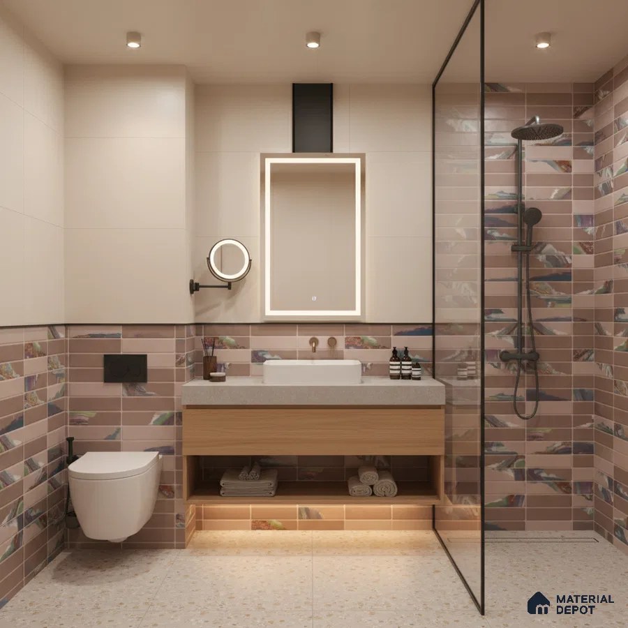Modern bathroom with blush pink patterned subway wall tiles, terrazzo floor tiles, and floating wood vanity | Material Depot