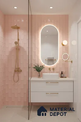 Modern bathroom with blush pink scallop wall tiles, white floating vanity, and terrazzo floor tiles | Material Depot