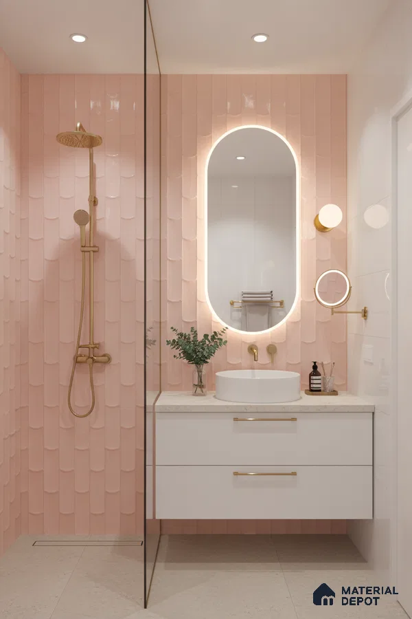 Modern bathroom with blush pink scallop wall tiles, white floating vanity, and terrazzo floor tiles | Material Depot