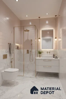 Modern bathroom with blush pink subway wall tiles and white marble-look floor and wall tiles | Material Depot