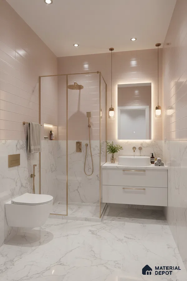 Modern bathroom with blush pink subway wall tiles and white marble-look floor and wall tiles | Material Depot