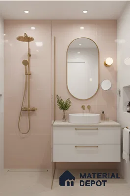 Modern bathroom with blush pink wall tiles, white floating vanity, and beige stone countertop | Material Depot