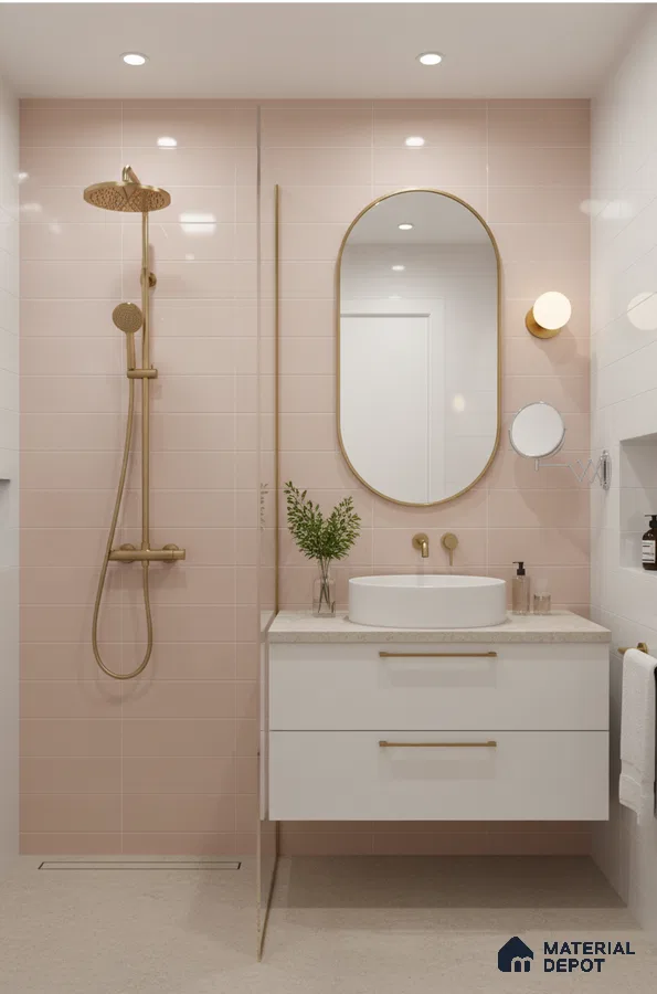 Modern bathroom with blush pink wall tiles, white floating vanity, and beige stone countertop | Material Depot