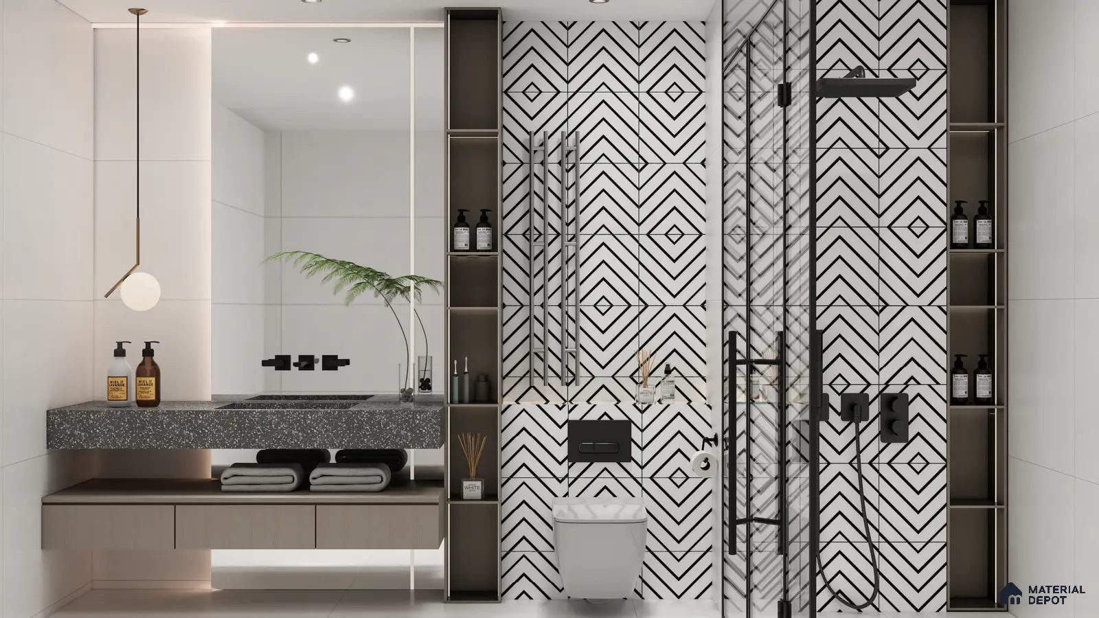Modern Bathroom with Bold Geometric Tile Accent | Material Depot