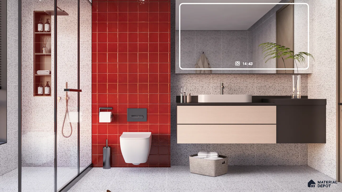 Modern Bathroom with Bold Red Accent Wall and Terrazzo Tiles | Material Depot