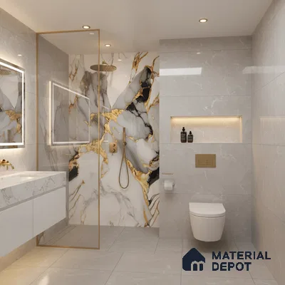 Modern bathroom with bookmatch marble look wall tiles, grey marble tiles, and gold accents | Material Depot