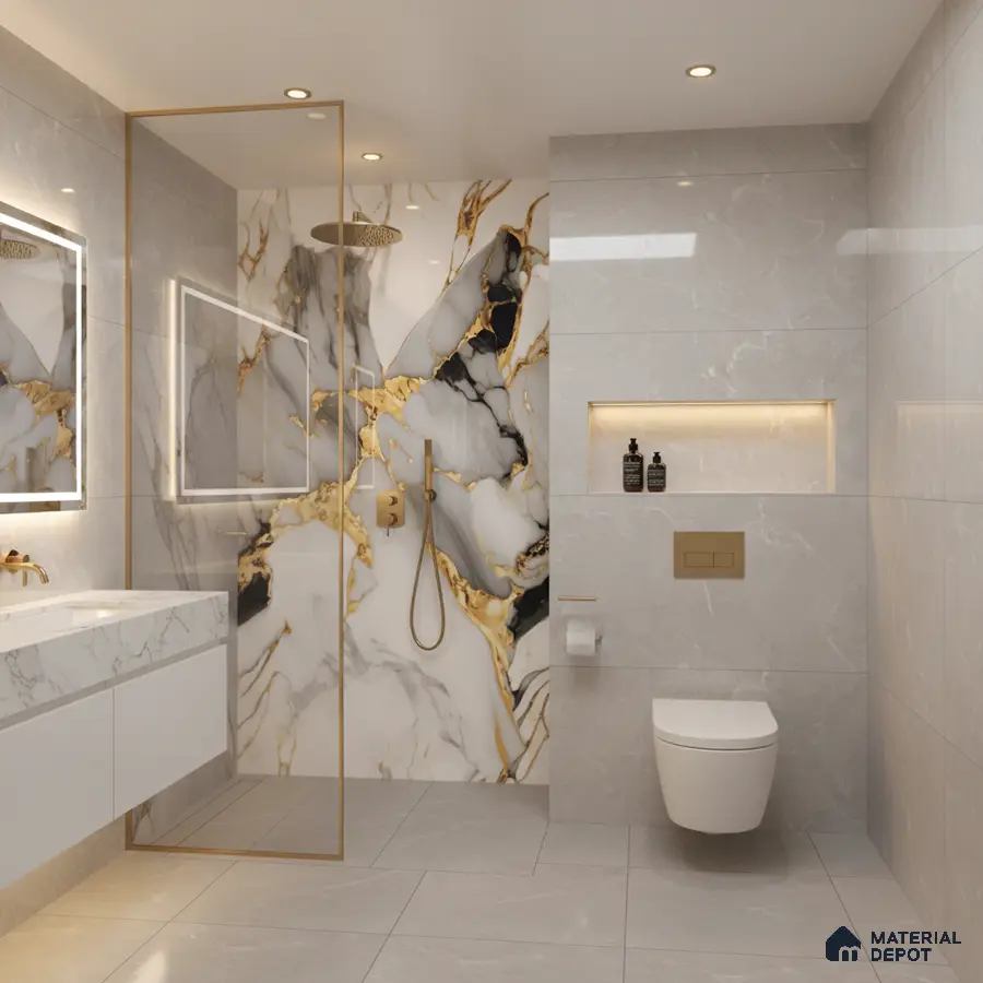 Modern bathroom with bookmatch marble look wall tiles, grey marble tiles, and gold accents | Material Depot