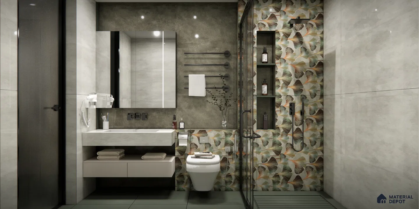Modern Bathroom with Botanical Accent Wall and Concrete Finishes | Material Depot