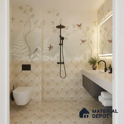 Modern bathroom with botanical bird motif wall tiles and beige geometric patterned floor tiles in Bengaluru | Material Depot