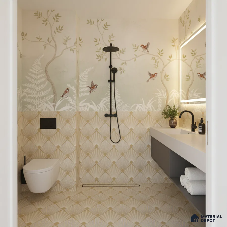 Modern bathroom with botanical bird motif wall tiles and beige geometric patterned floor tiles in Bengaluru | Material Depot