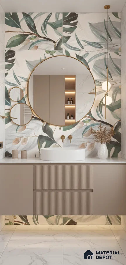 Modern bathroom design with botanical floral highlighter wall tiles, beige fluted vanity, and white marble floor tiles in Bengaluru | Material Depot