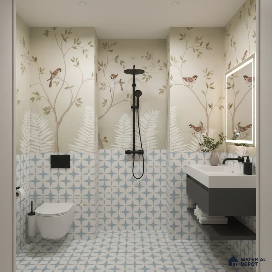 Modern bathroom with botanical wallpaper and blue geometric patterned tiles in Bengaluru | Material Depot