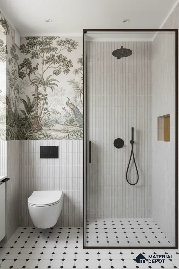 Modern bathroom with botanical wallpaper, white kitkat wall tiles, and black-and-white geometric floor tiles | Material Depot