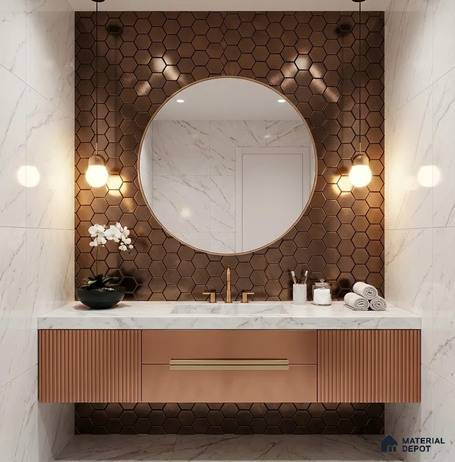 Modern bathroom with bronze hexagonal wall tiles, marble wall tiles, and fluted bronze vanity