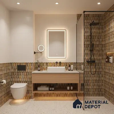 Modern bathroom with brown geometric highlighter wall tiles, terrazzo floor tiles, and floating wood vanity | Material Depot