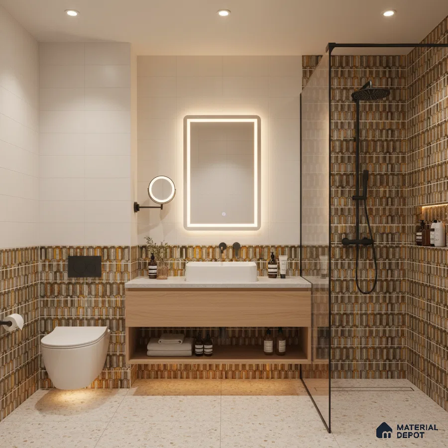 Modern bathroom with brown geometric highlighter wall tiles, terrazzo floor tiles, and floating wood vanity | Material Depot