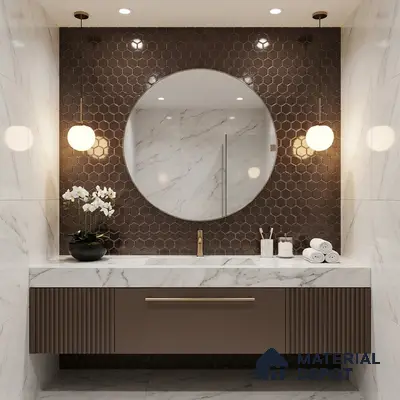 Modern bathroom with brown hexagonal wall tiles, marble-look wall tiles, and fluted brown vanity