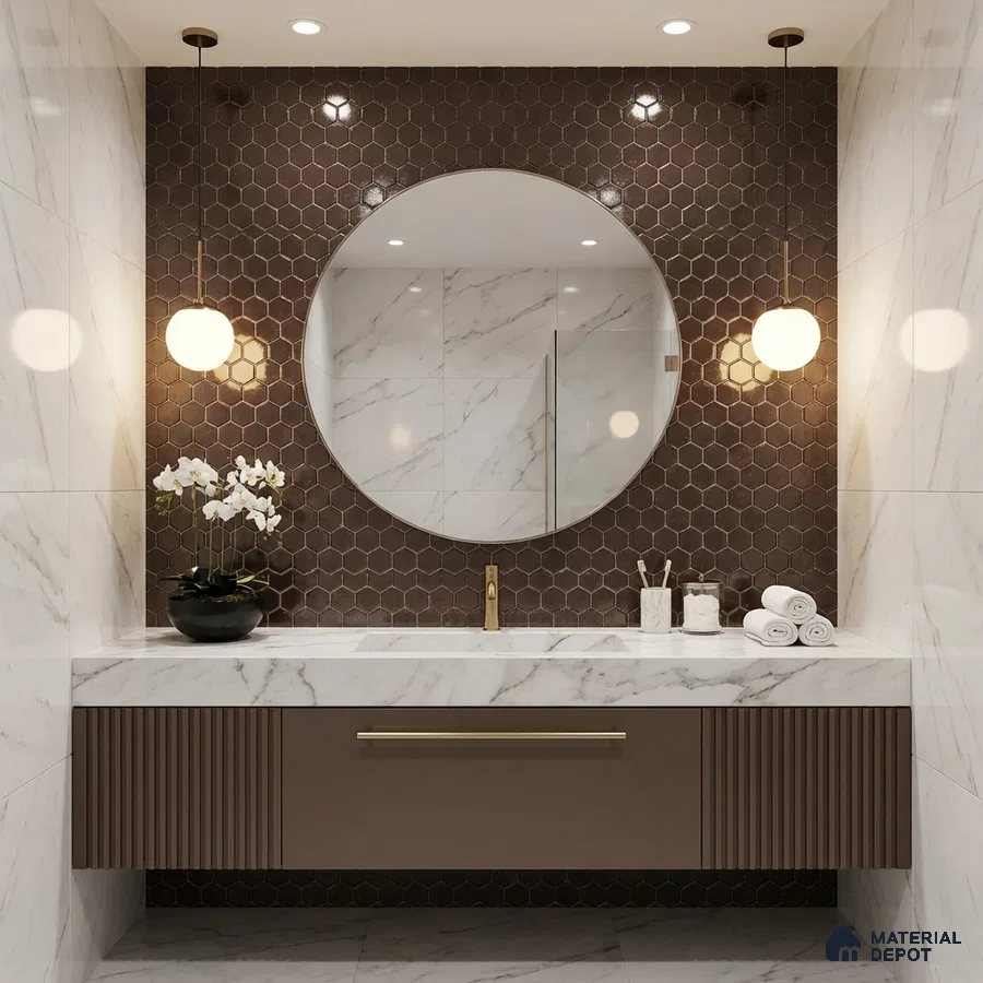 Modern bathroom with brown hexagonal wall tiles, marble-look wall tiles, and fluted brown vanity