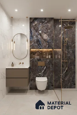 Modern bathroom with brown marble highlighter wall tiles, white marble wall tiles, and beige floor tiles | Material Depot