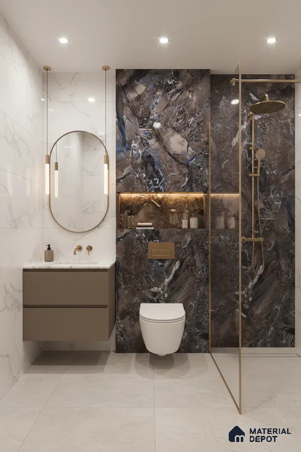 Modern bathroom with brown marble highlighter wall tiles, white marble wall tiles, and beige floor tiles | Material Depot