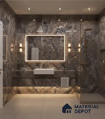 Modern bathroom with brown marble wall tiles and floating marble vanity | Material Depot