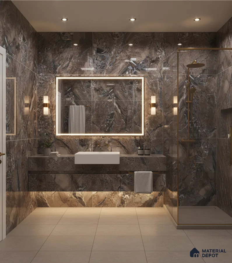 Modern bathroom with brown marble wall tiles and floating marble vanity | Material Depot