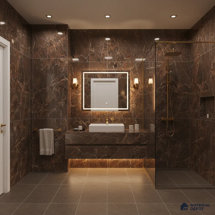 Modern bathroom with brown marble wall tiles and floating vanity | Material Depot