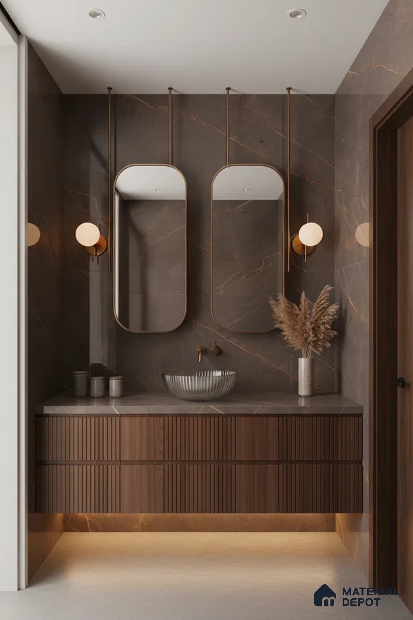 Modern bathroom with brown marble wall tiles and fluted walnut vanity | Material Depot