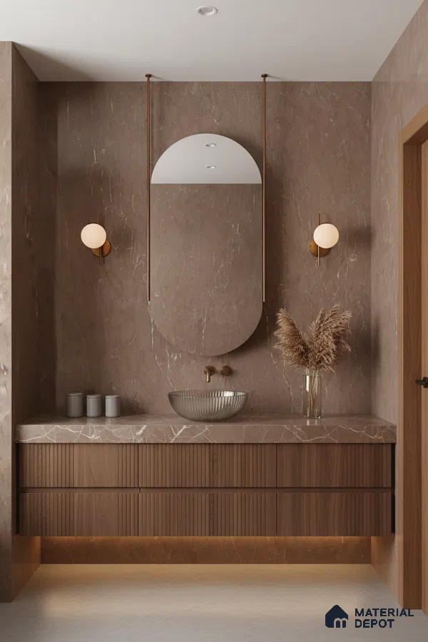 Modern bathroom with brown marble wall tiles and fluted walnut vanity | Material Depot