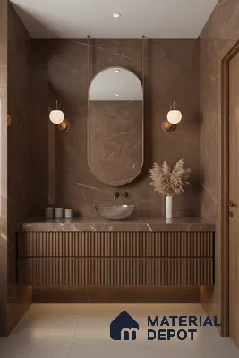 Modern bathroom with brown marble wall tiles and fluted wood vanity | Material Depot