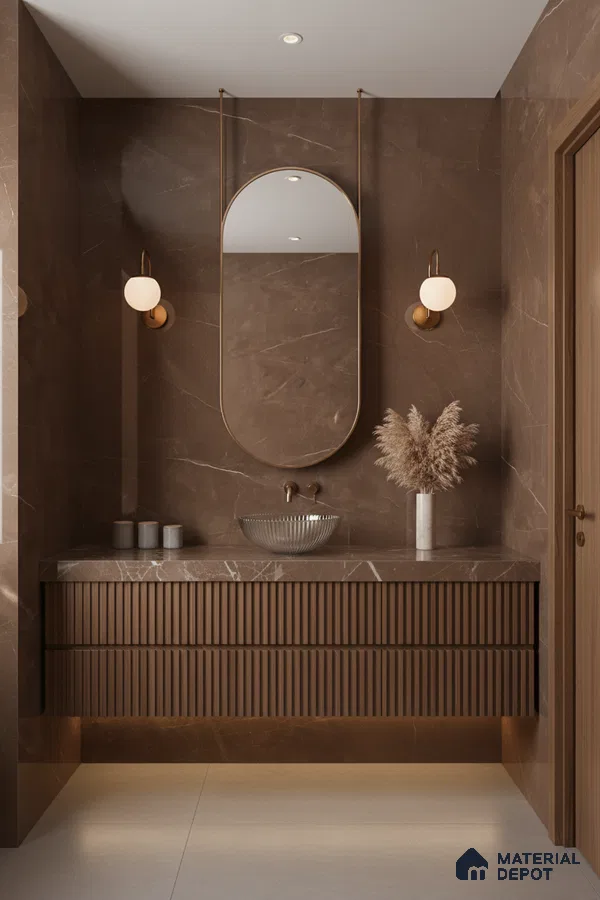 Modern bathroom with brown marble wall tiles and fluted wood vanity | Material Depot