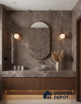Modern bathroom with brown marble wall tiles and fluted wood vanity | Material Depot