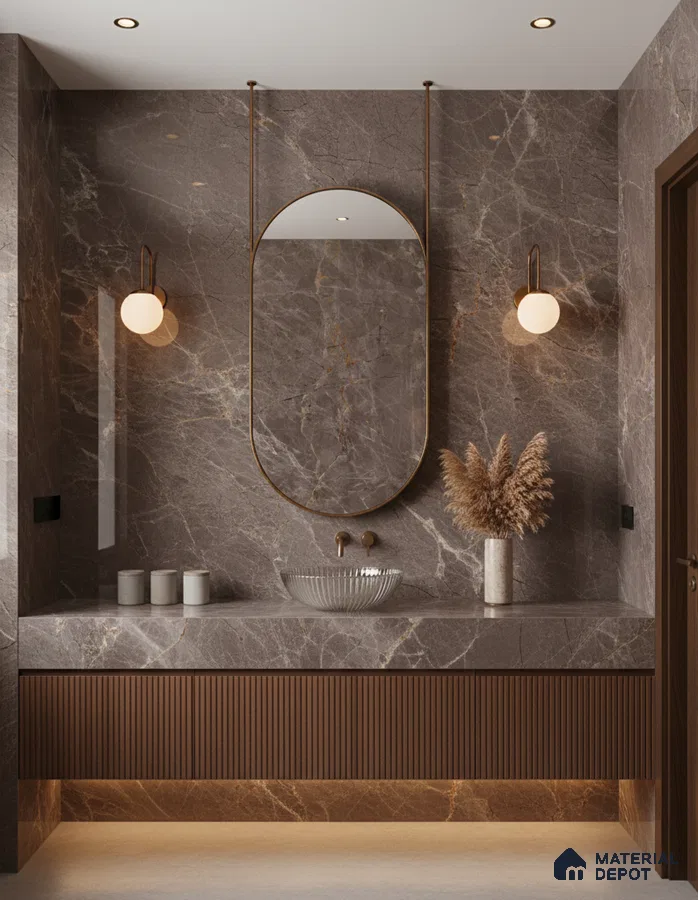 Modern bathroom with brown marble wall tiles and fluted wood vanity | Material Depot