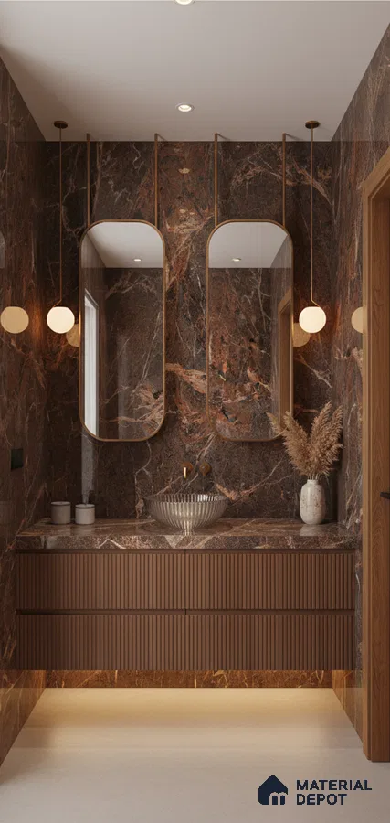Modern bathroom with brown marble wall tiles and fluted wooden vanity | Material Depot