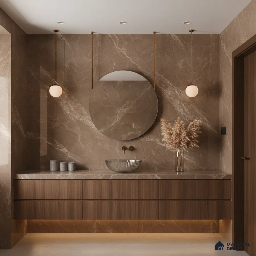 Modern bathroom with brown marble wall tiles and walnut wood vanity | Material Depot