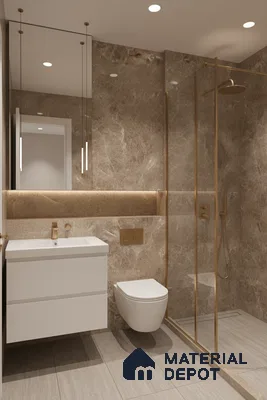 Modern bathroom with brown marble wall tiles, beige floor tiles, and gold accents | Material Depot