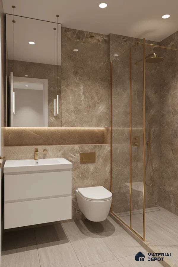 Modern bathroom with brown marble wall tiles, beige floor tiles, and gold accents | Material Depot