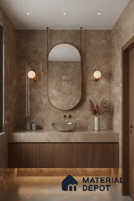Modern bathroom with brown marble wall tiles, beige marble countertop, and walnut wood laminate vanity | Material Depot