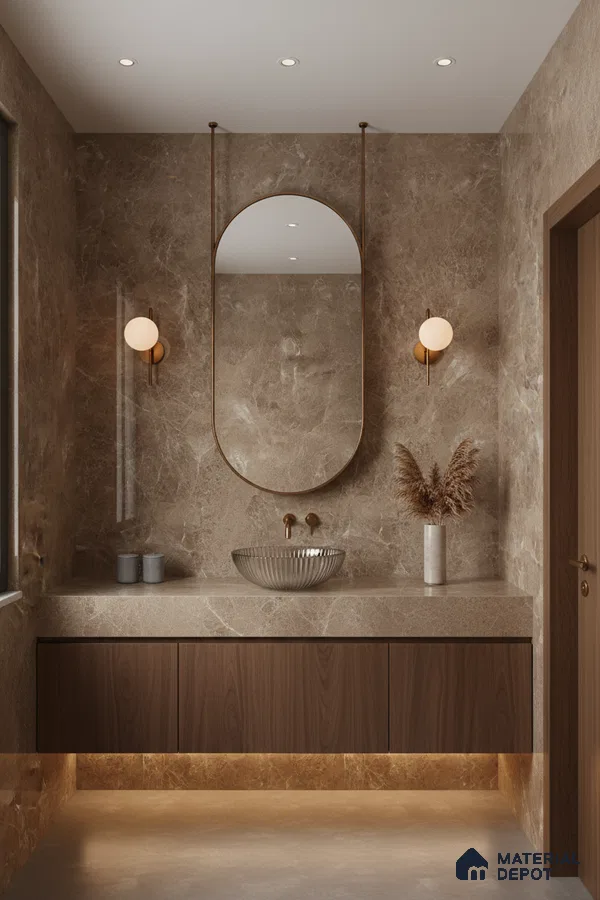 Modern bathroom with brown marble wall tiles, beige marble countertop, and walnut wood laminate vanity | Material Depot