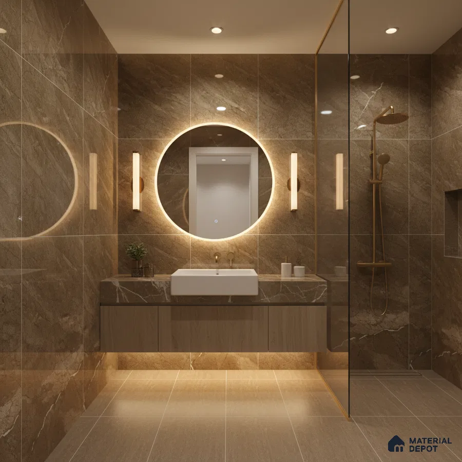 Modern bathroom with brown marble wall tiles, floating vanity, and gold fixtures | Material Depot