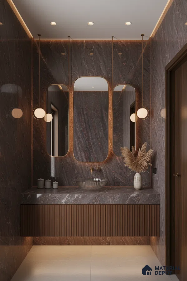 Modern bathroom with brown marble wall tiles, fluted wood vanity, and gold accent mirrors | Material Depot