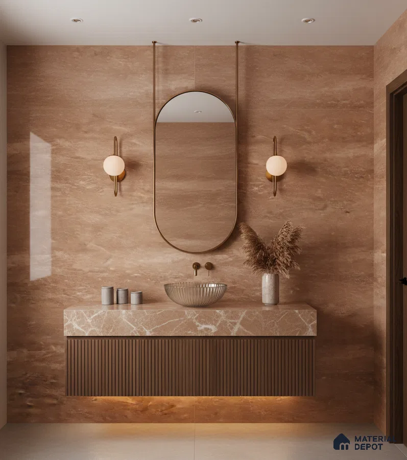 Modern bathroom with brown marble wall tiles, fluted wood vanity, and marble countertop | Material Depot