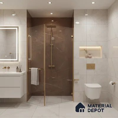 Modern bathroom with brown marble-look shower wall tile and white marble-look wall and floor tiles | Material Depot