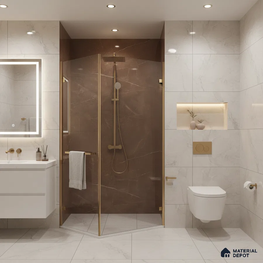 Modern bathroom with brown marble-look shower wall tile and white marble-look wall and floor tiles | Material Depot