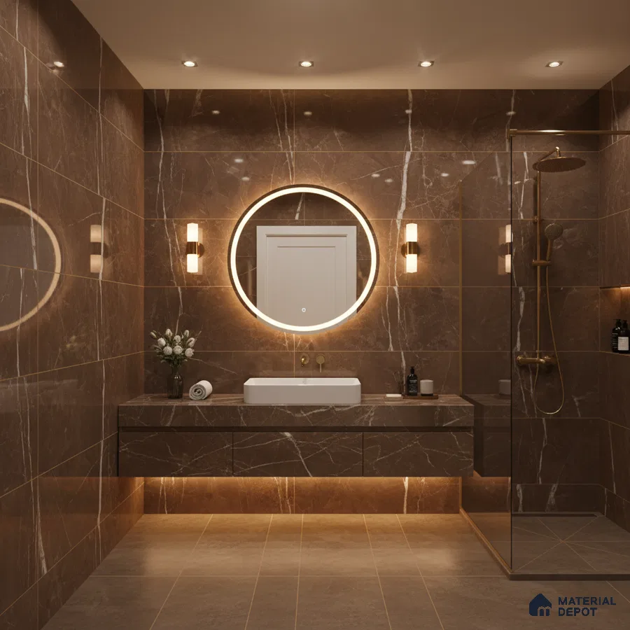 Modern bathroom with brown marble-look tiles and floating vanity | Material Depot