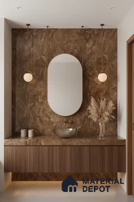 Modern bathroom with brown marble-look wall and countertop, walnut wood vanity | Material Depot