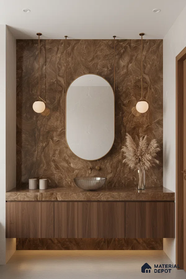 Modern bathroom with brown marble-look wall and countertop, walnut wood vanity | Material Depot