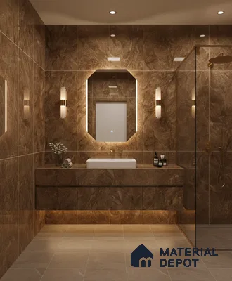 Modern bathroom with brown marble-look wall tiles and beige floor tiles | Material Depot