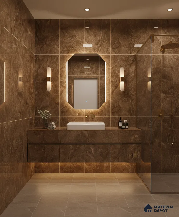 Modern bathroom with brown marble-look wall tiles and beige floor tiles | Material Depot